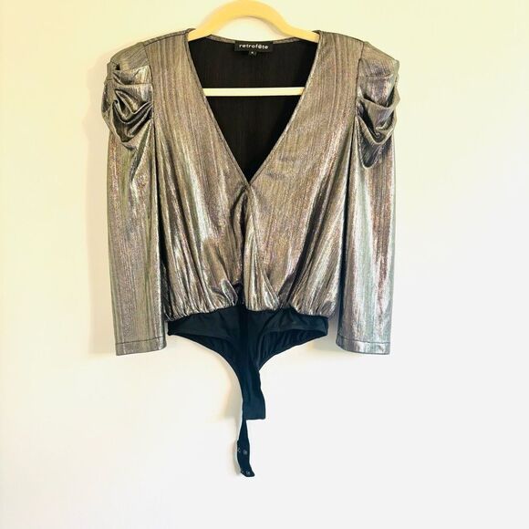 Retrofête Jophiel Bodysuit – Dark Platinum Silver Plunge V-Neck Size Small - Picture 2 of 5